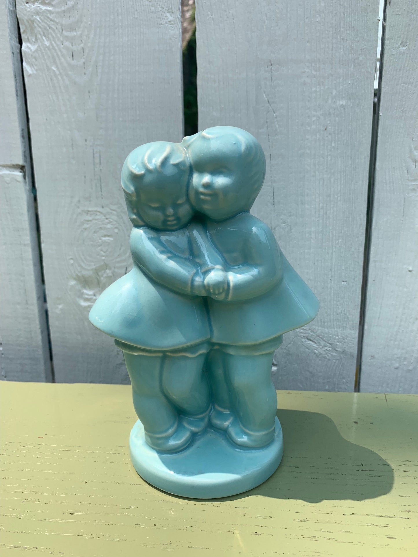 Vintage Robins Egg Blue Little Boy and Girl Ceramic Planter