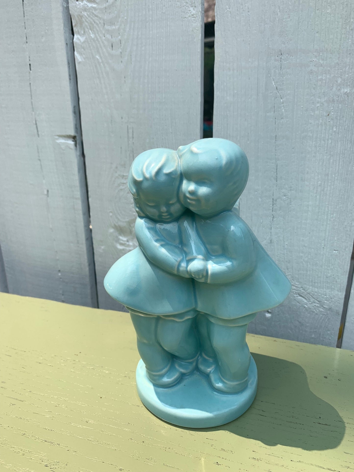 Vintage Robins Egg Blue Little Boy and Girl Ceramic Planter