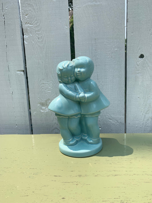 Vintage Robins Egg Blue Little Boy and Girl Ceramic Planter