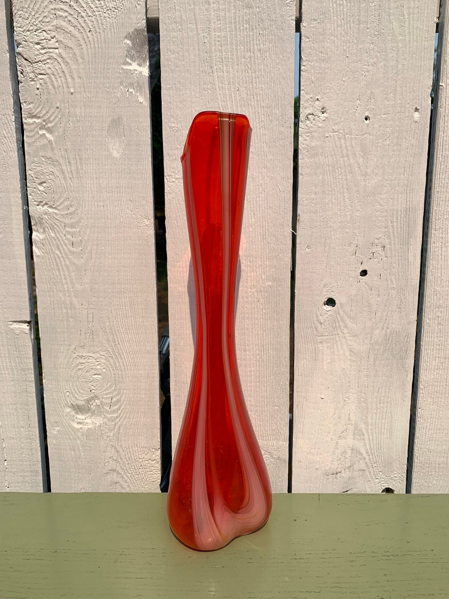 Tall MCM Red and White Ribbon Candy Stretch Glass Vase