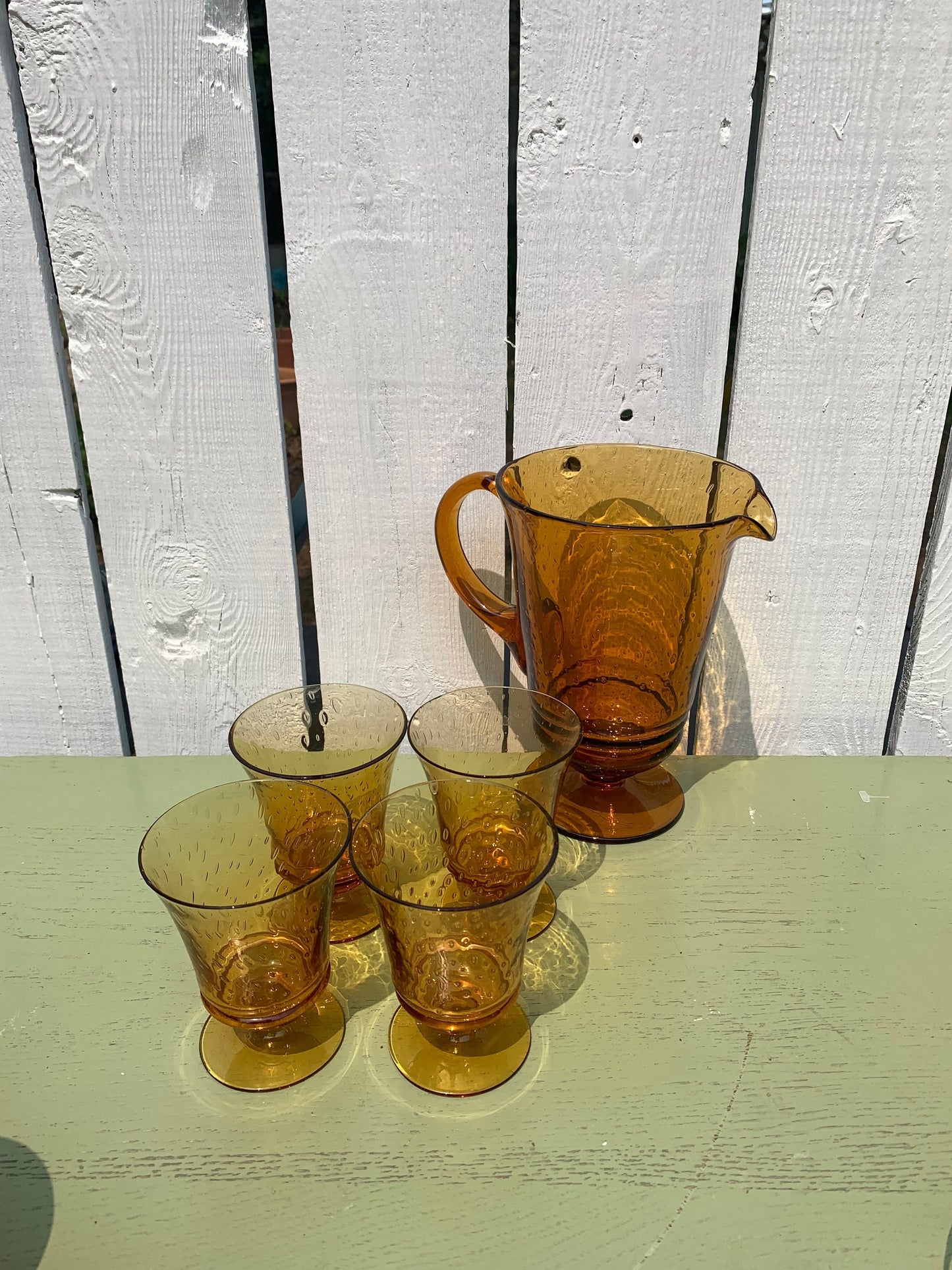 MCM Bubble Yellow Glass Pitcher and 4 Pedestal Glasses