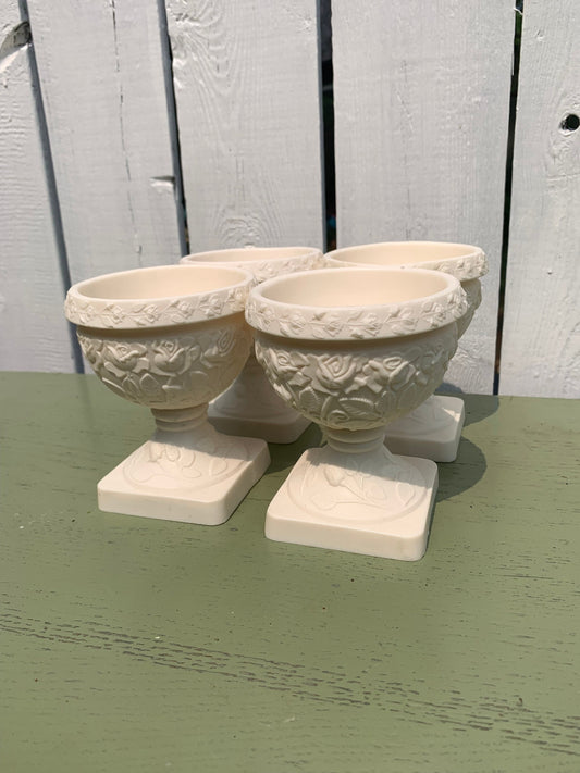 Vintage Set of 4 Heavy Ecru Pedestal Cups with Raised Rose Pattern Made in Italy