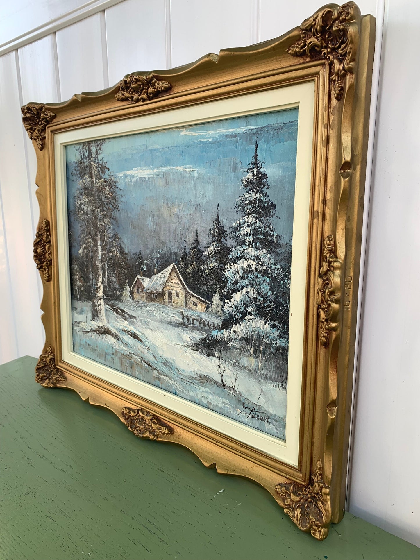 Large Vintage Winter Scape Painting in Gold Solid Wood Frame