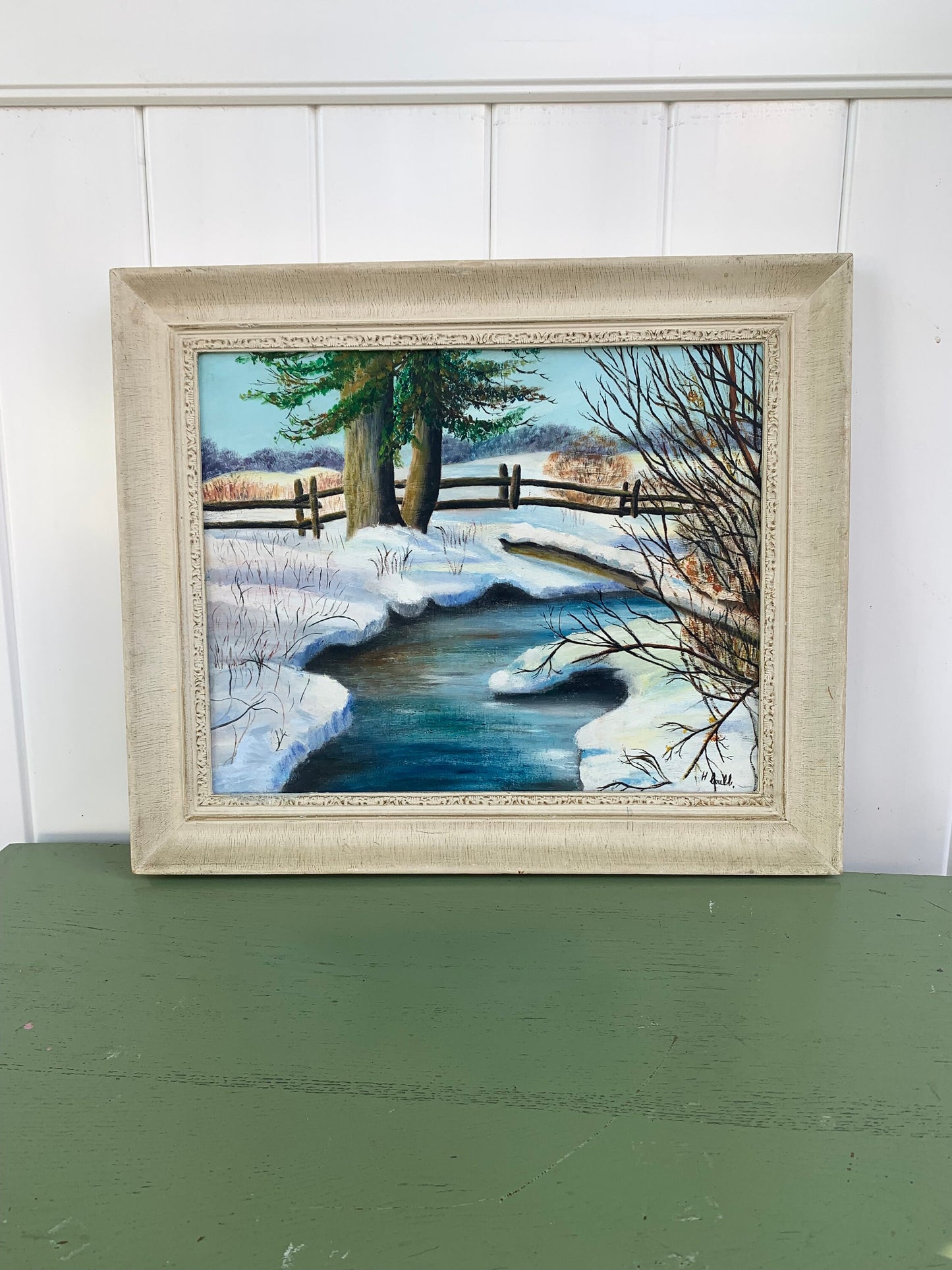 Large Vintage Winter Scape Painting in White Wood Frame