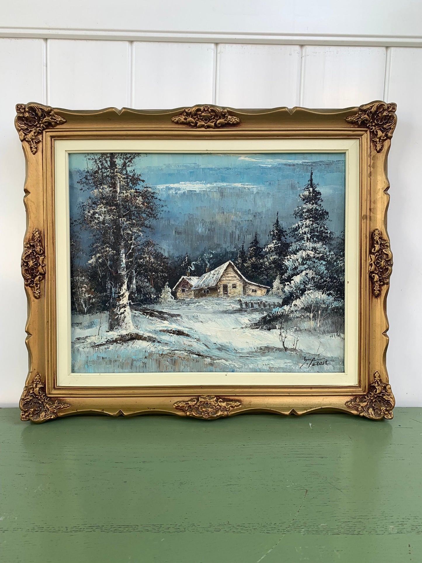 Large Vintage Winter Scape Painting in Gold Solid Wood Frame