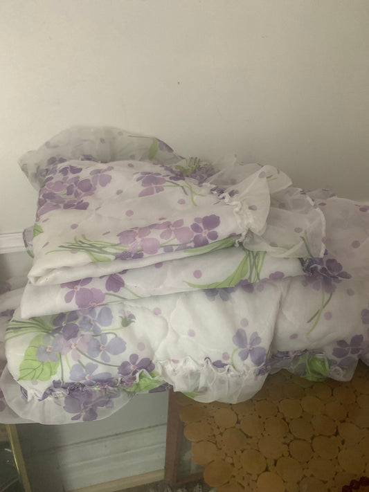 Vintage Purple Floral Twin Quilted Polyester Blanket with Ruffled Edge and Two Pillow Cases