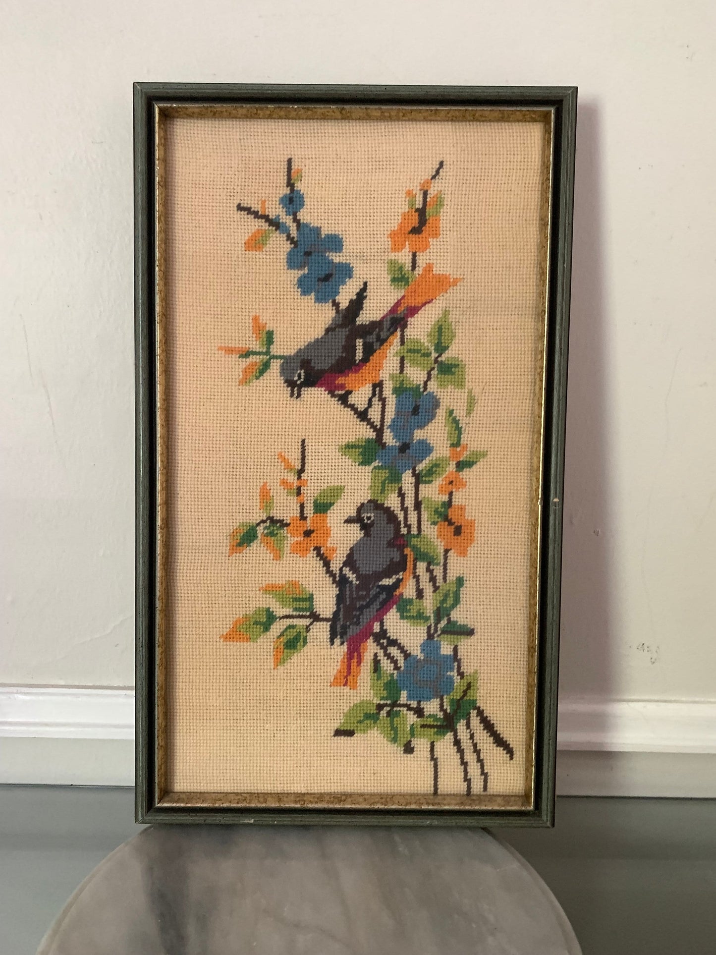 Tall Vintage Handmade Framed Blue Bird Embroidery Picture