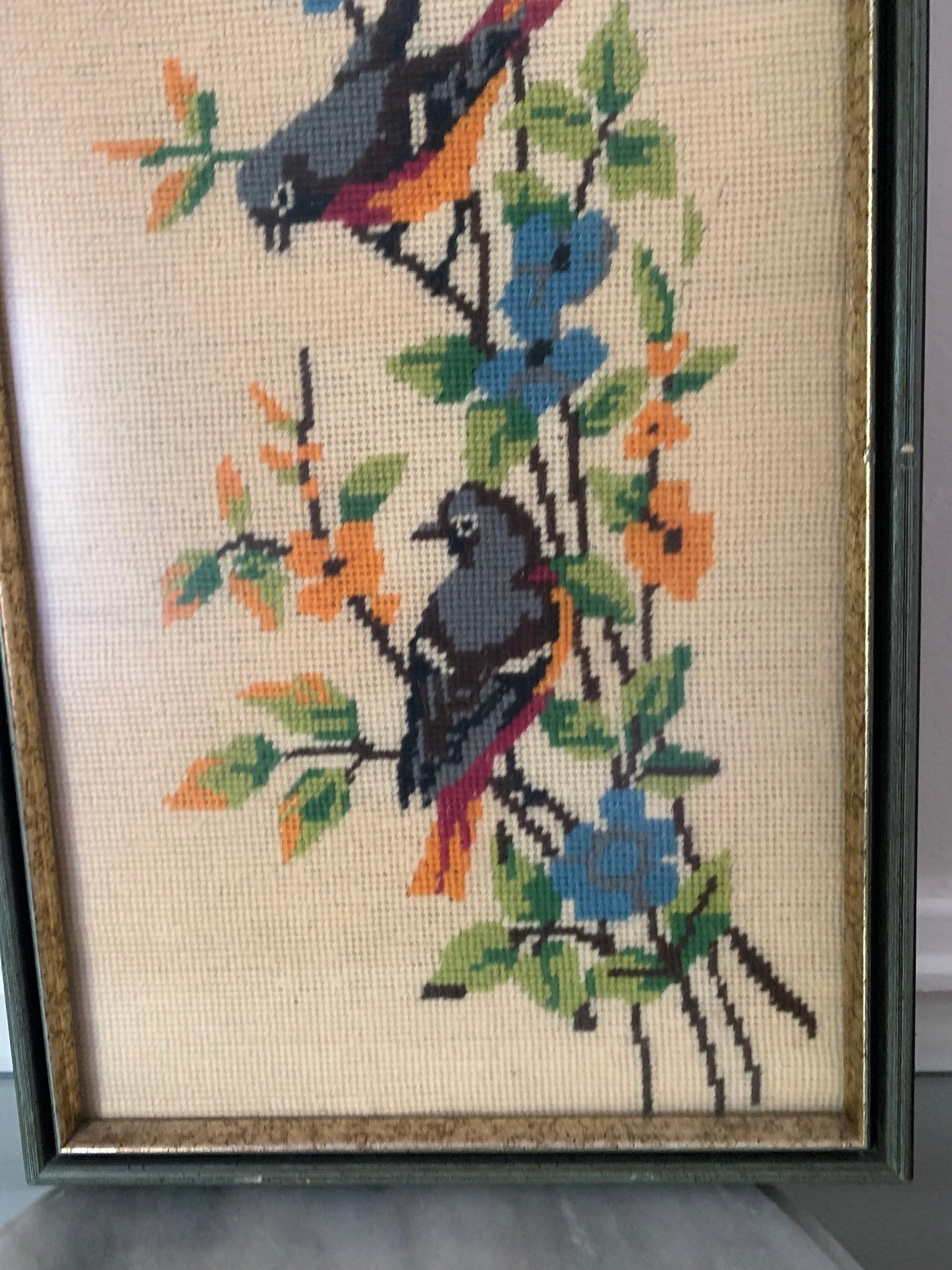 Tall Vintage Handmade Framed Blue Bird Embroidery Picture