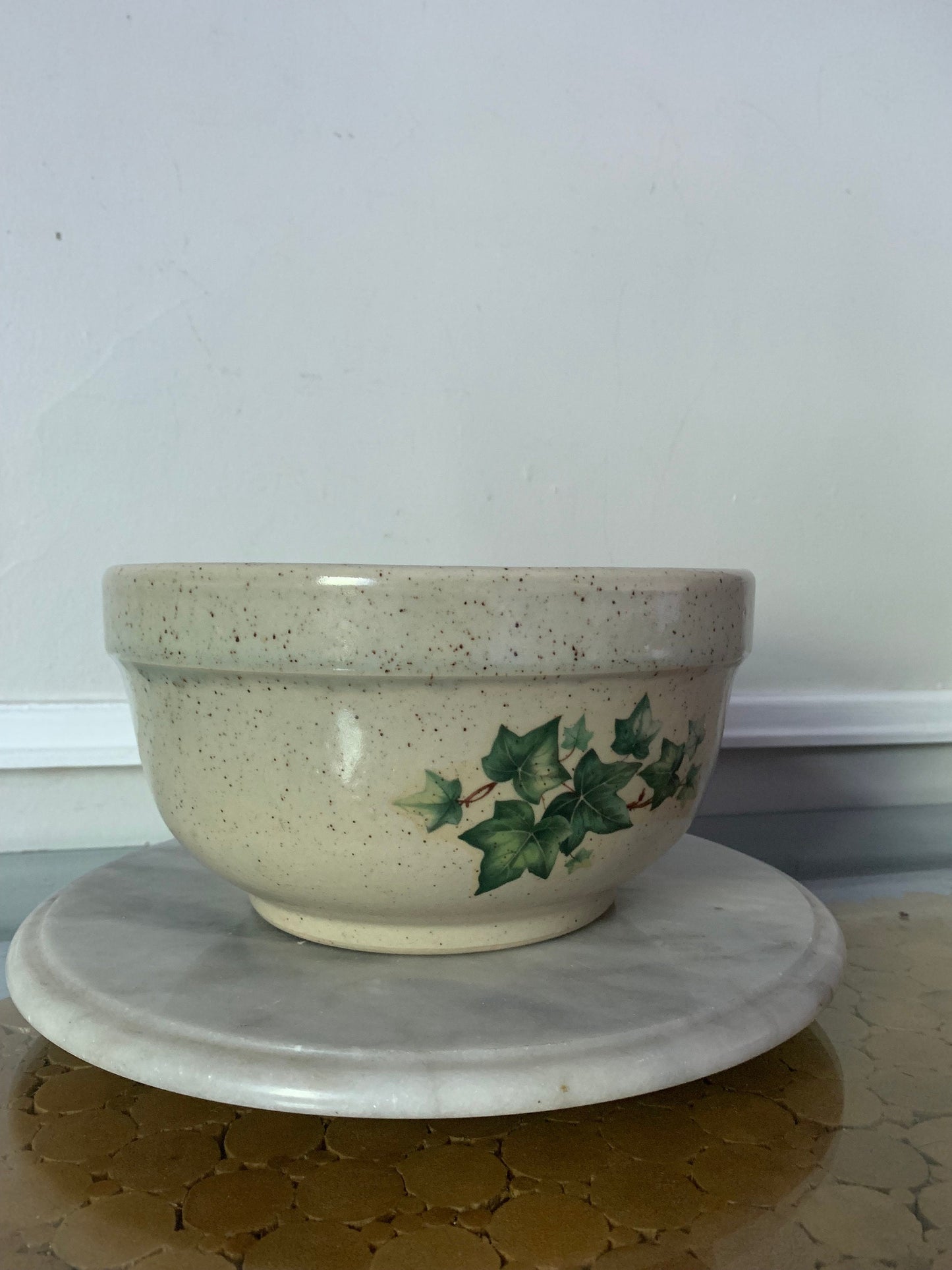 Large Vintage Speckled Pottery Bowl with Ivy