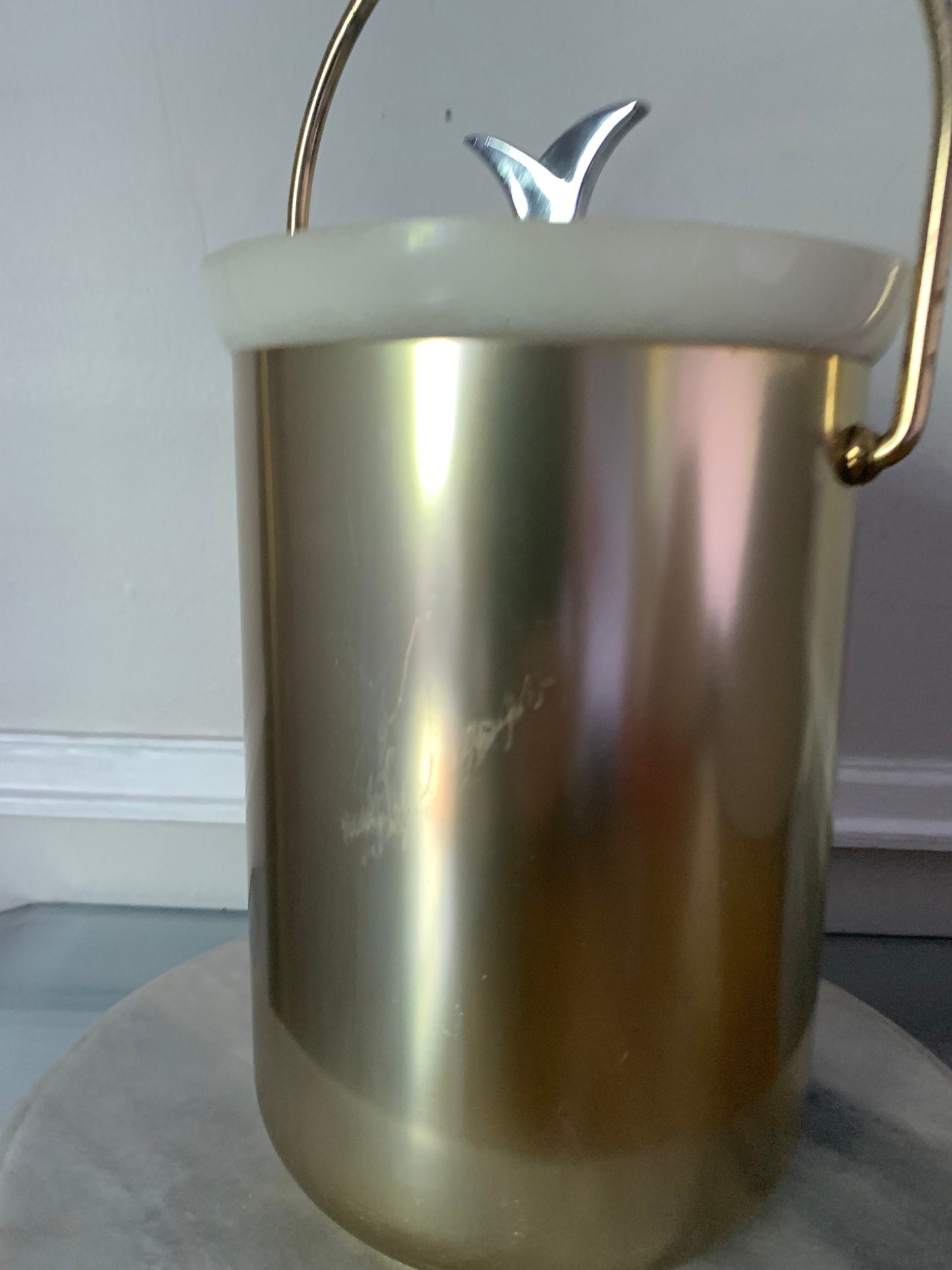 MCM Gold Tone Brushed Aluminum Ice Bucket with Silver Lid