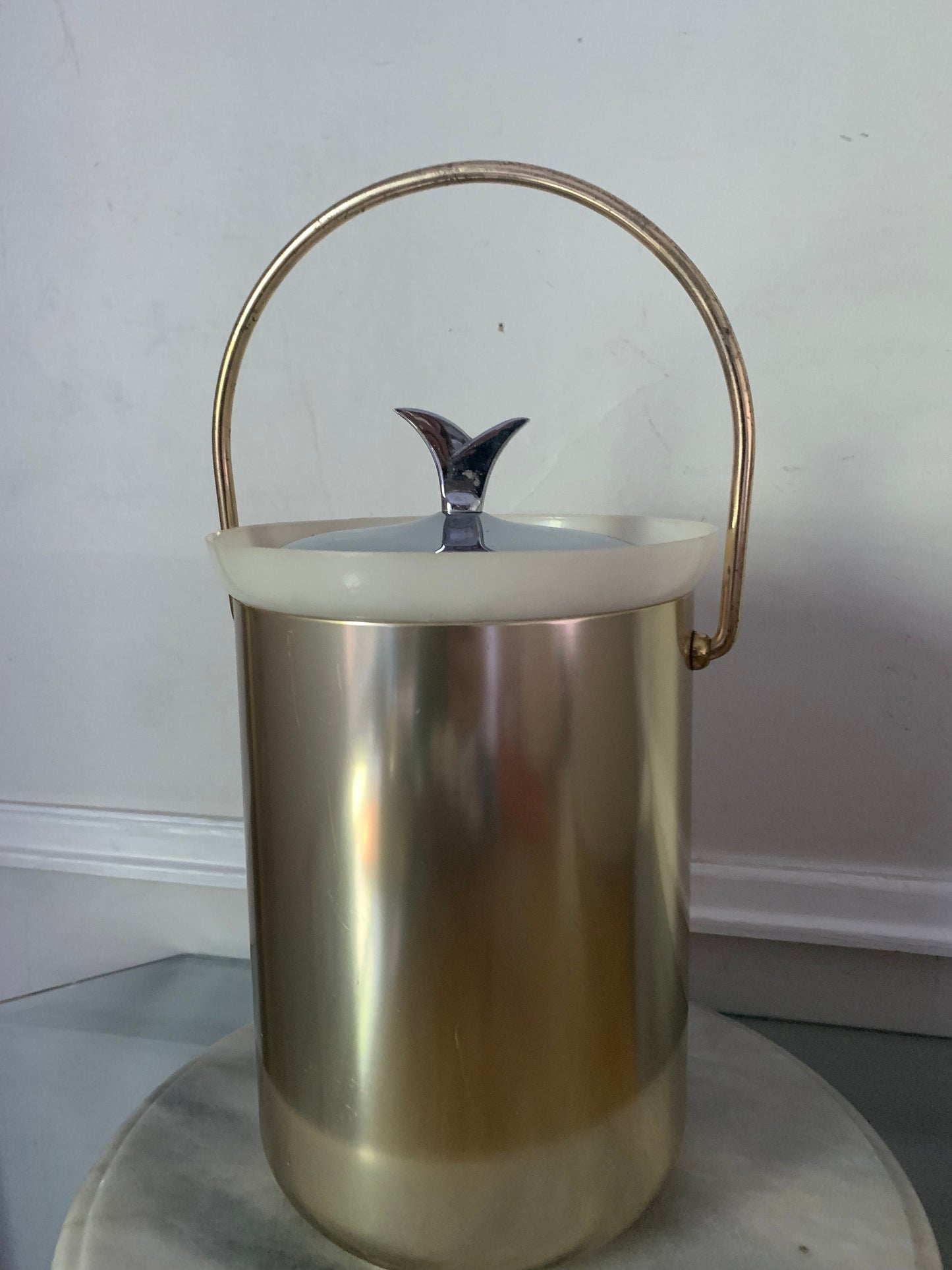 MCM Gold Tone Brushed Aluminum Ice Bucket with Silver Lid