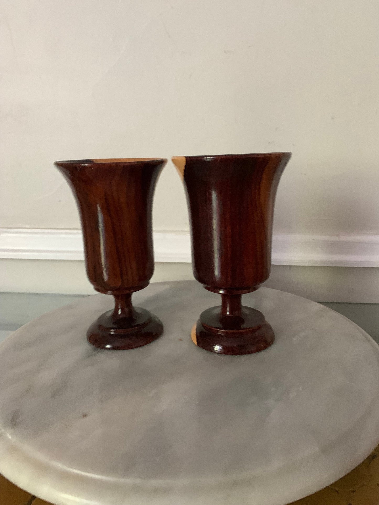 Pair of Handmade Glossy Dark Wood Pedestal Cups