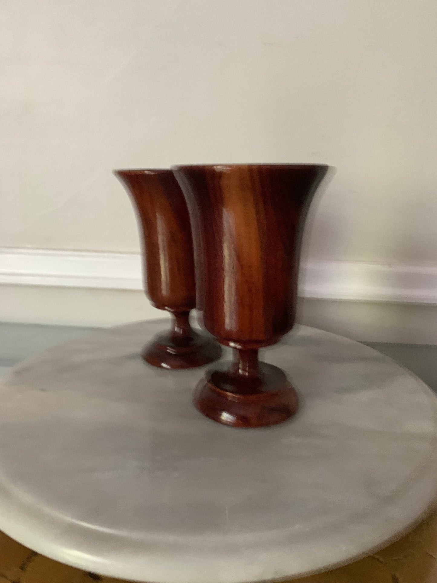 Pair of Handmade Glossy Dark Wood Pedestal Cups