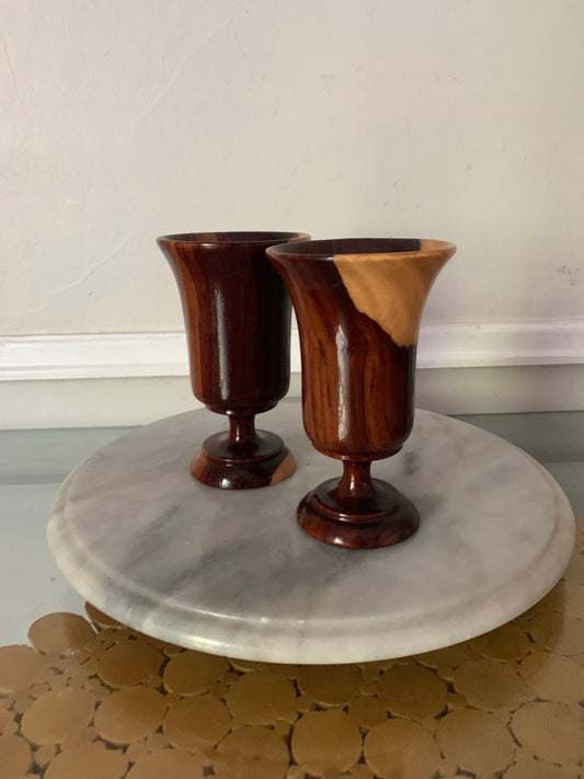 Pair of Handmade Glossy Dark Wood Pedestal Cups