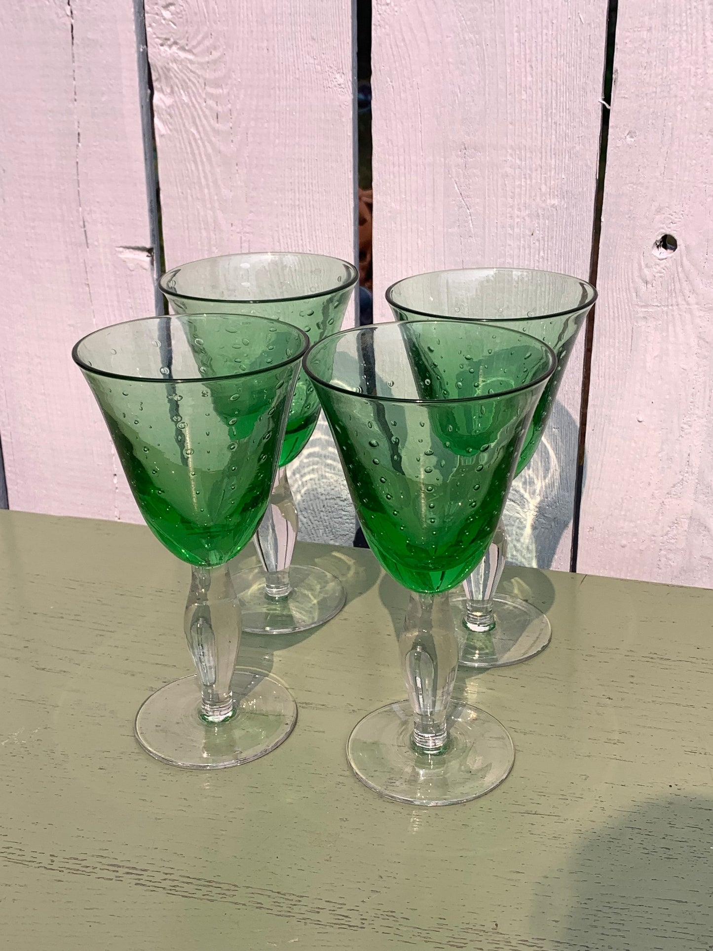 Set of 4 Retro Heavy Lime Green Bubble Glass Footed Wine Glasses