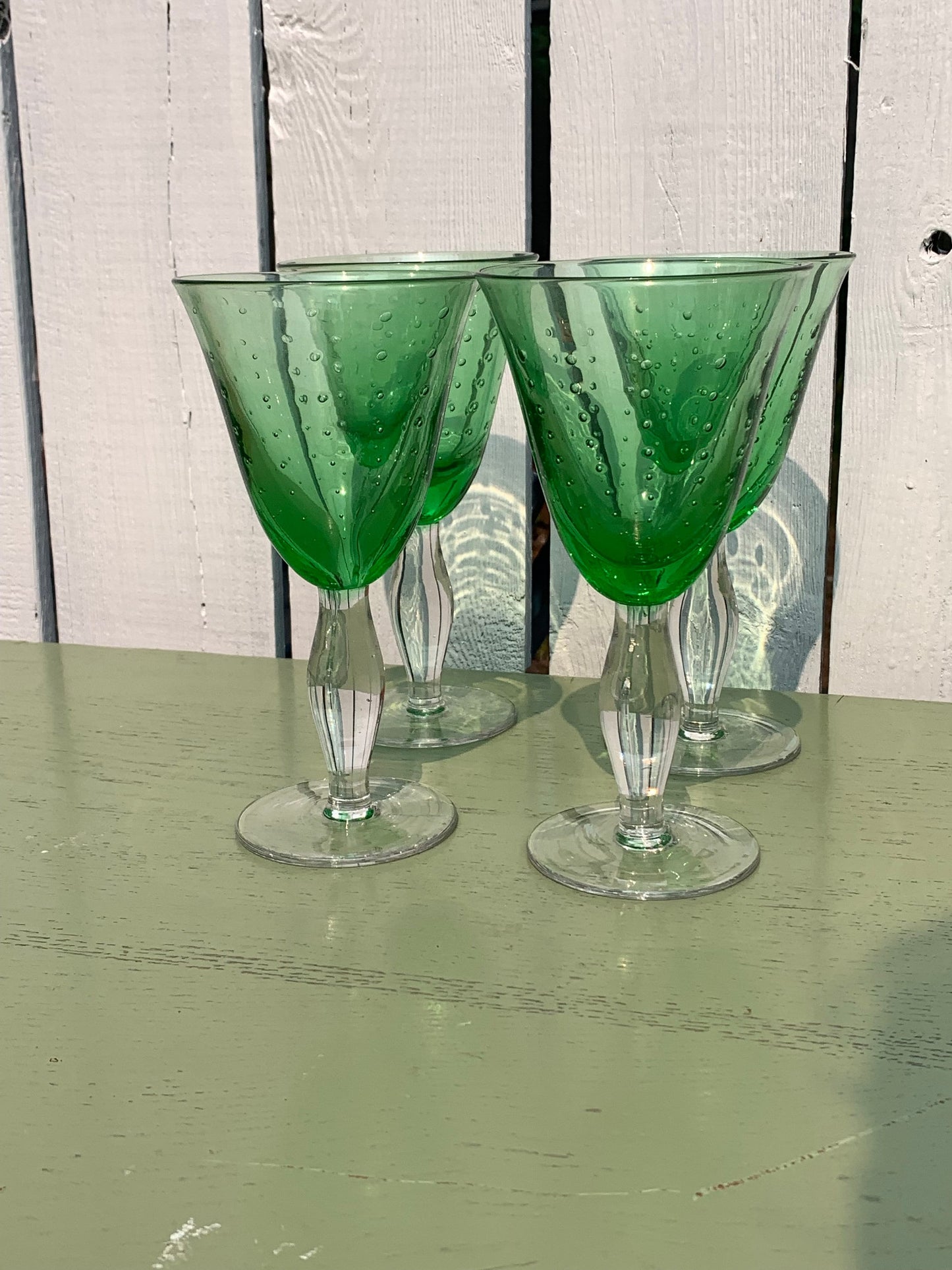 Set of 4 Retro Heavy Lime Green Bubble Glass Footed Wine Glasses