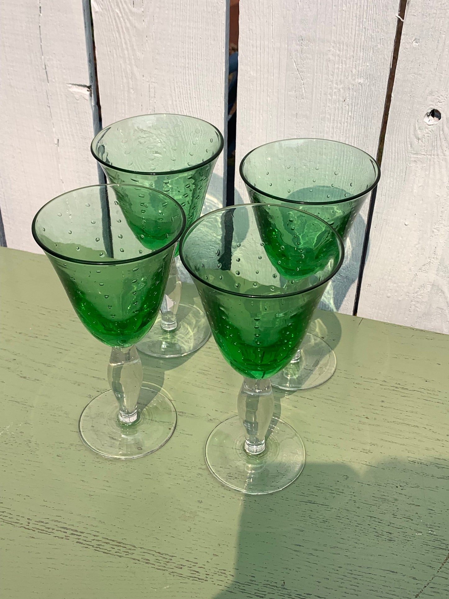 Set of 4 Retro Heavy Lime Green Bubble Glass Footed Wine Glasses