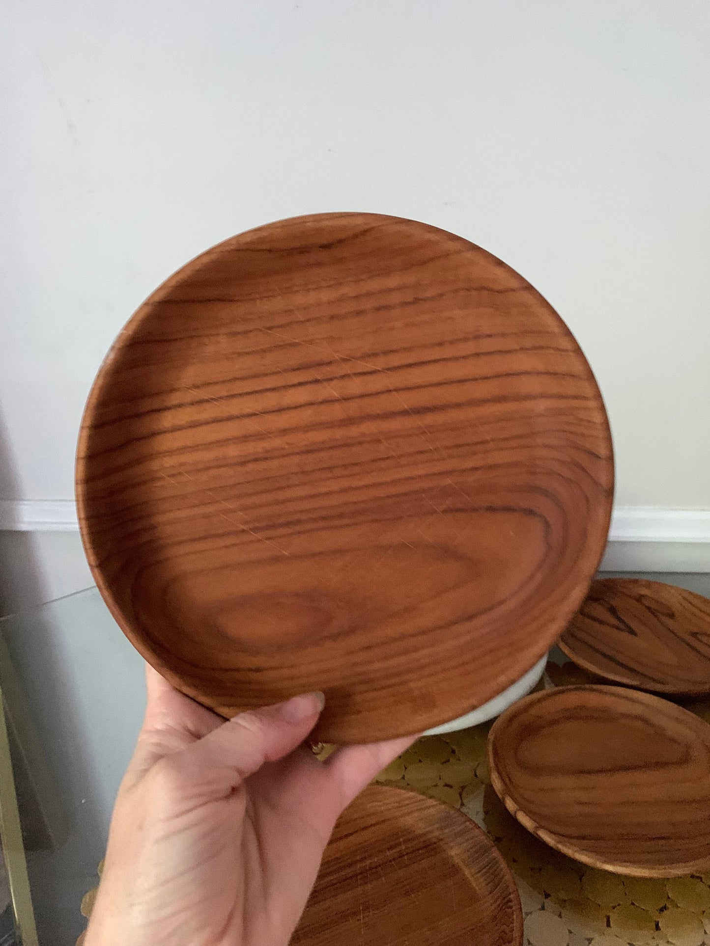 Retro 5 Piece Teak Wooden Salad Bowl and Plate Set with Tongs