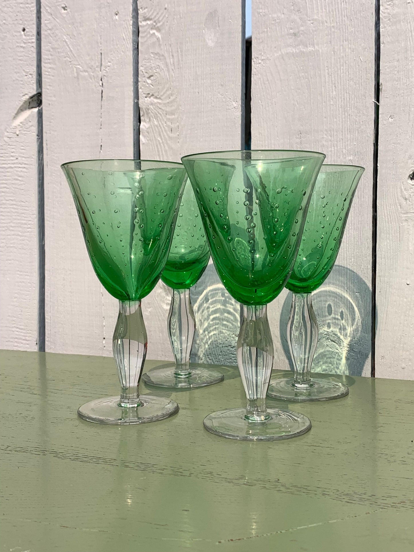 Set of 4 Retro Heavy Lime Green Bubble Glass Footed Wine Glasses