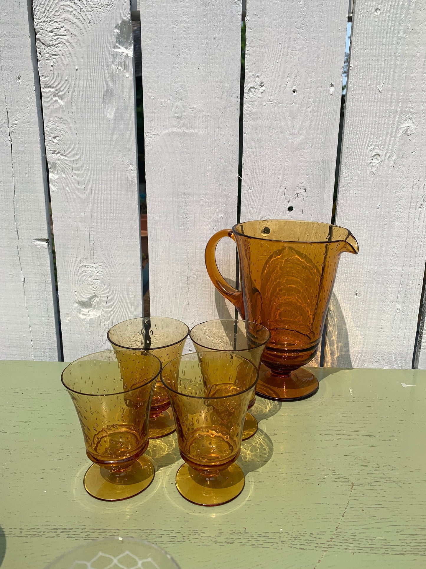 MCM Bubble Yellow Glass Pitcher and 4 Pedestal Glasses