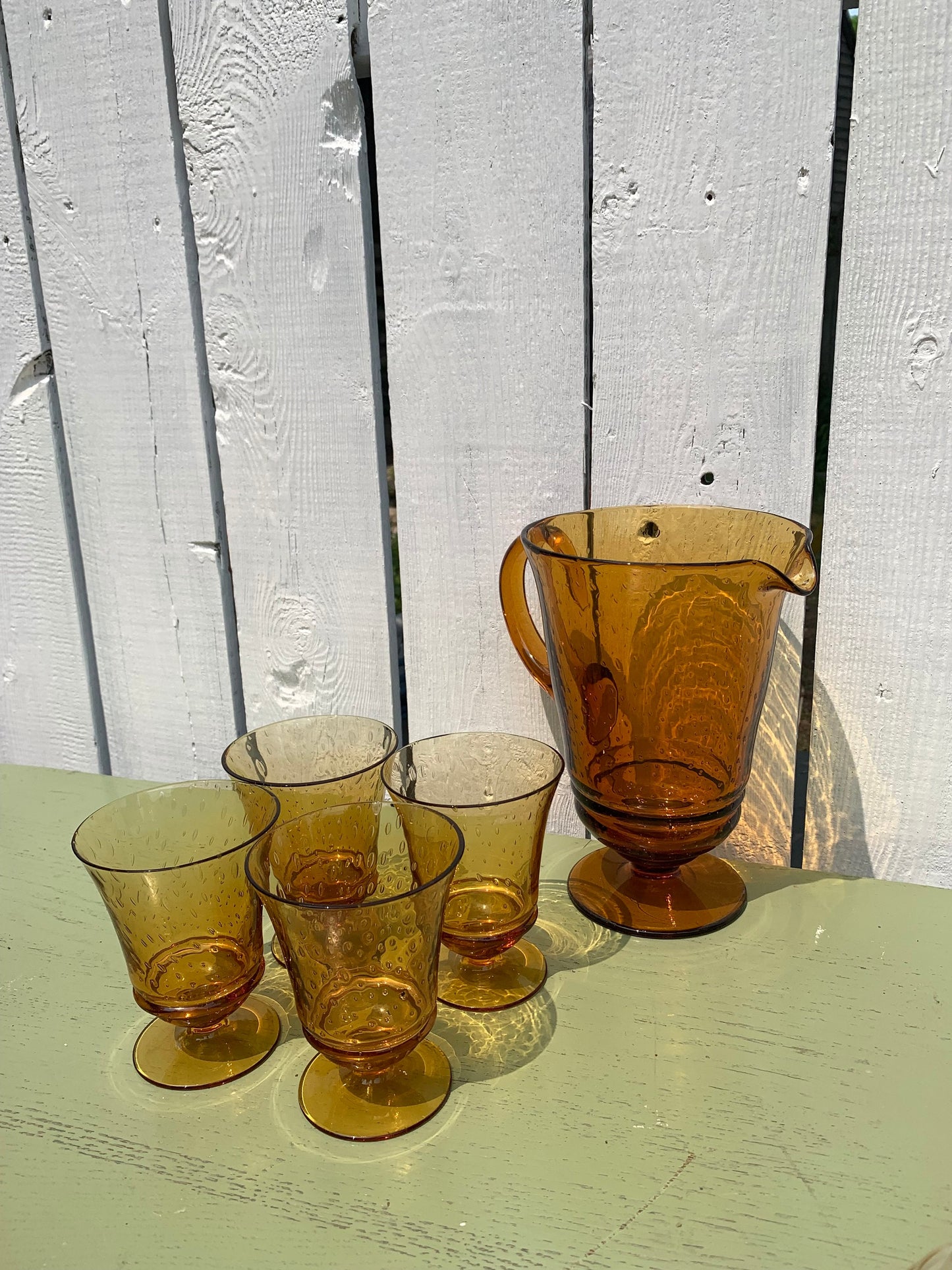 MCM Bubble Yellow Glass Pitcher and 4 Pedestal Glasses