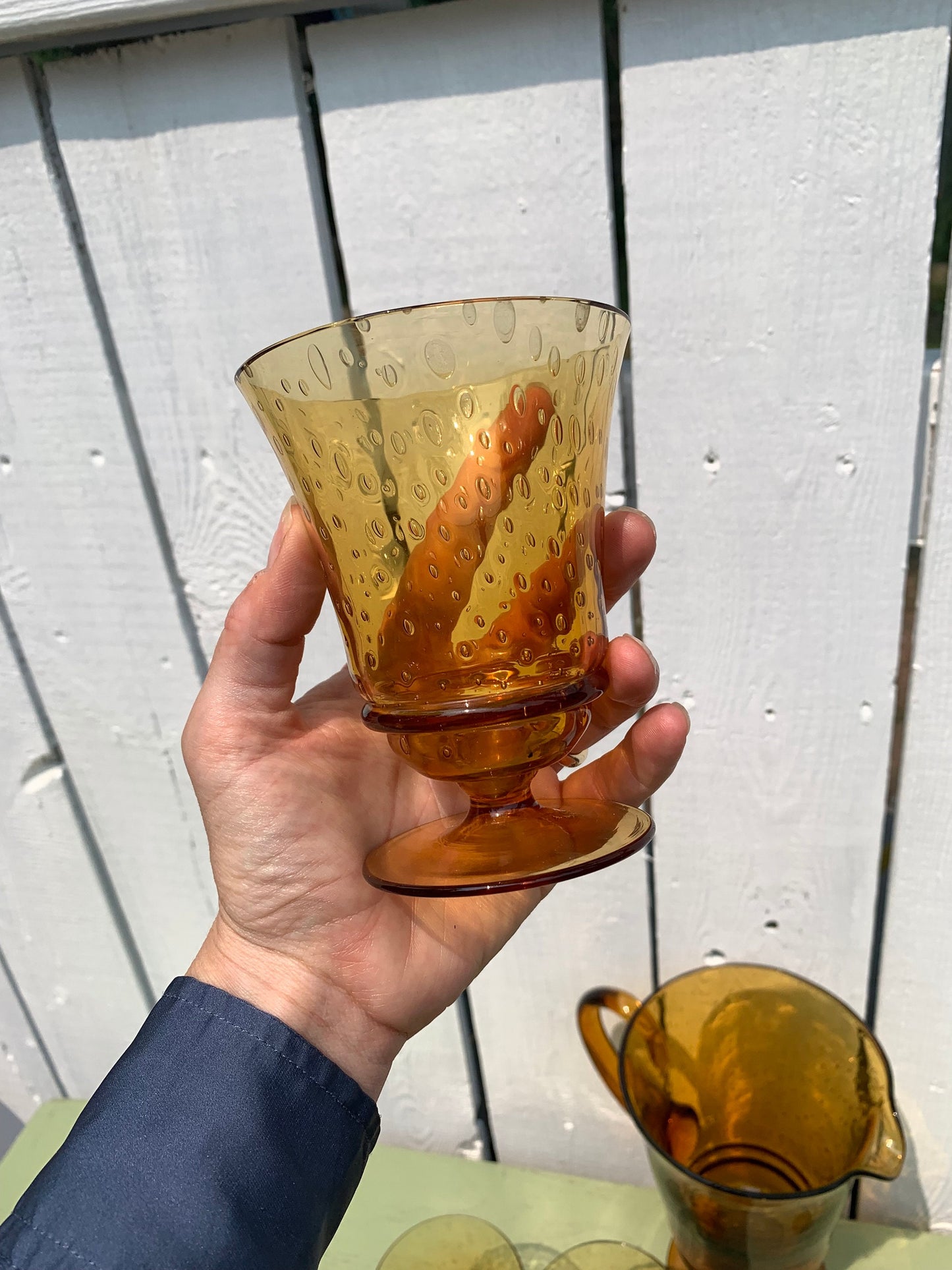 MCM Bubble Yellow Glass Pitcher and 4 Pedestal Glasses