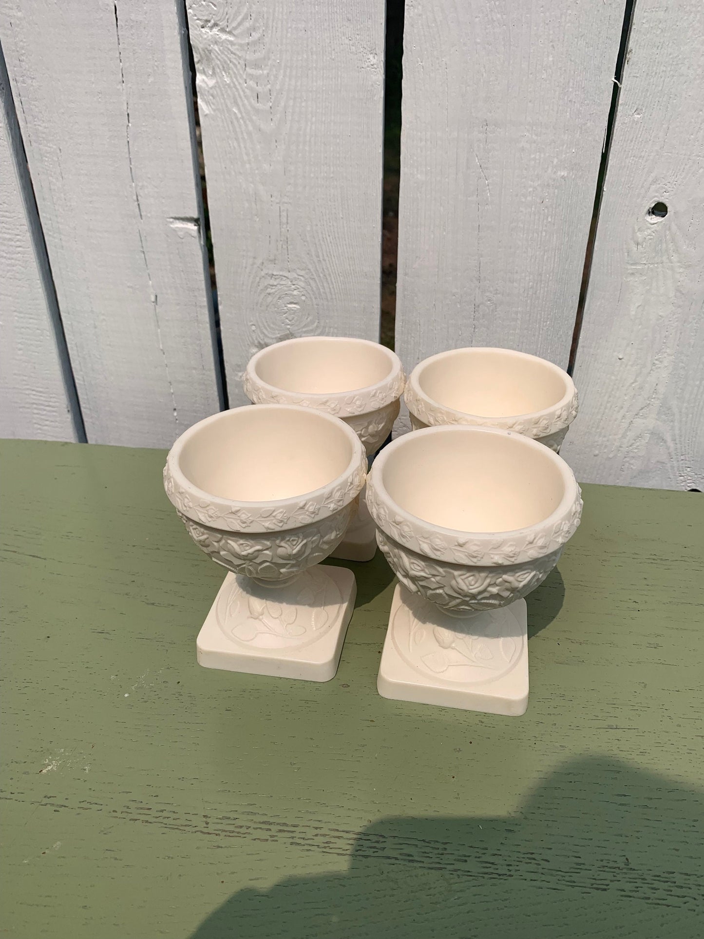 Vintage Set of 4 Heavy Ecru Pedestal Cups with Raised Rose Pattern Made in Italy