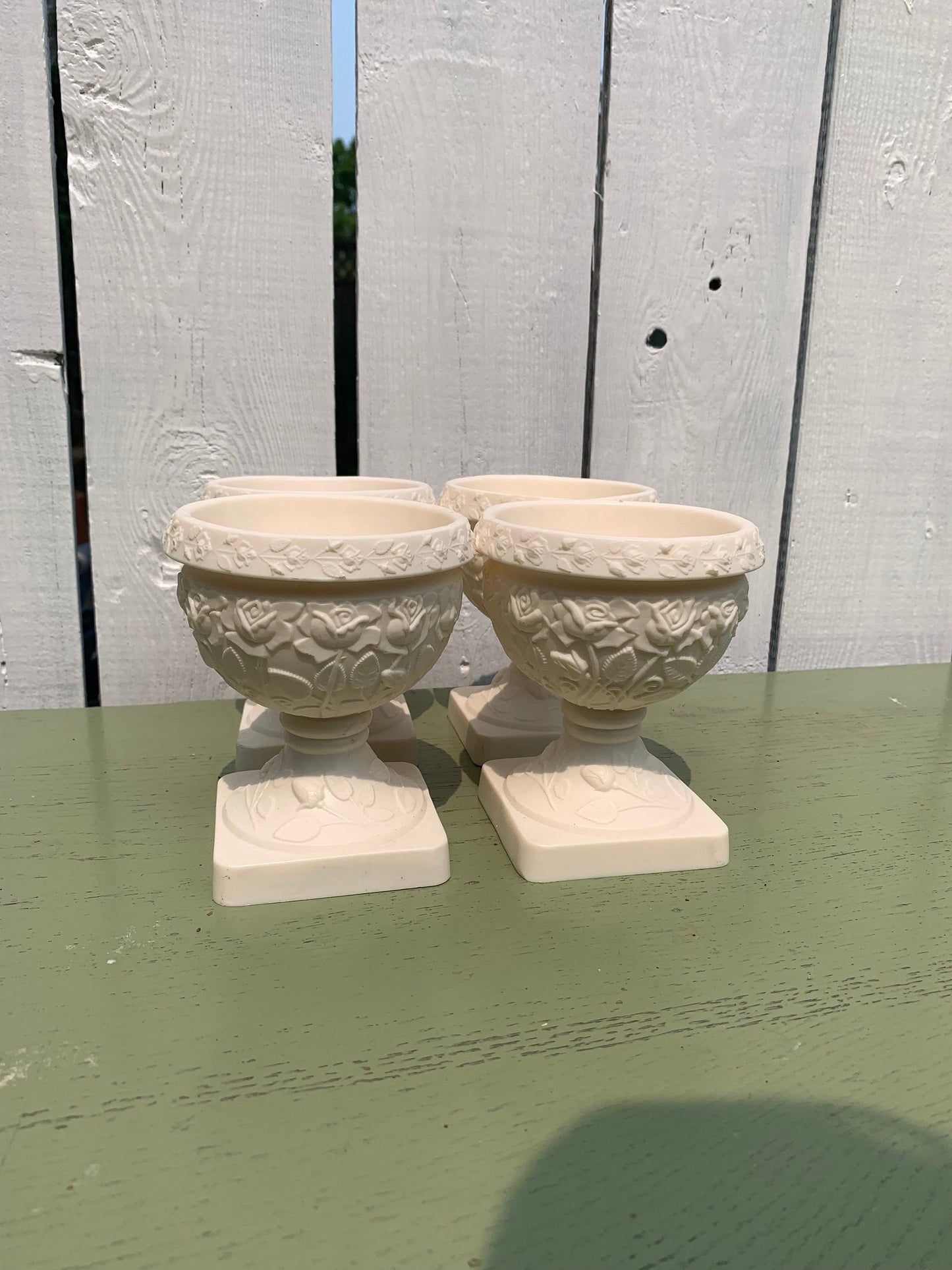 Vintage Set of 4 Heavy Ecru Pedestal Cups with Raised Rose Pattern Made in Italy