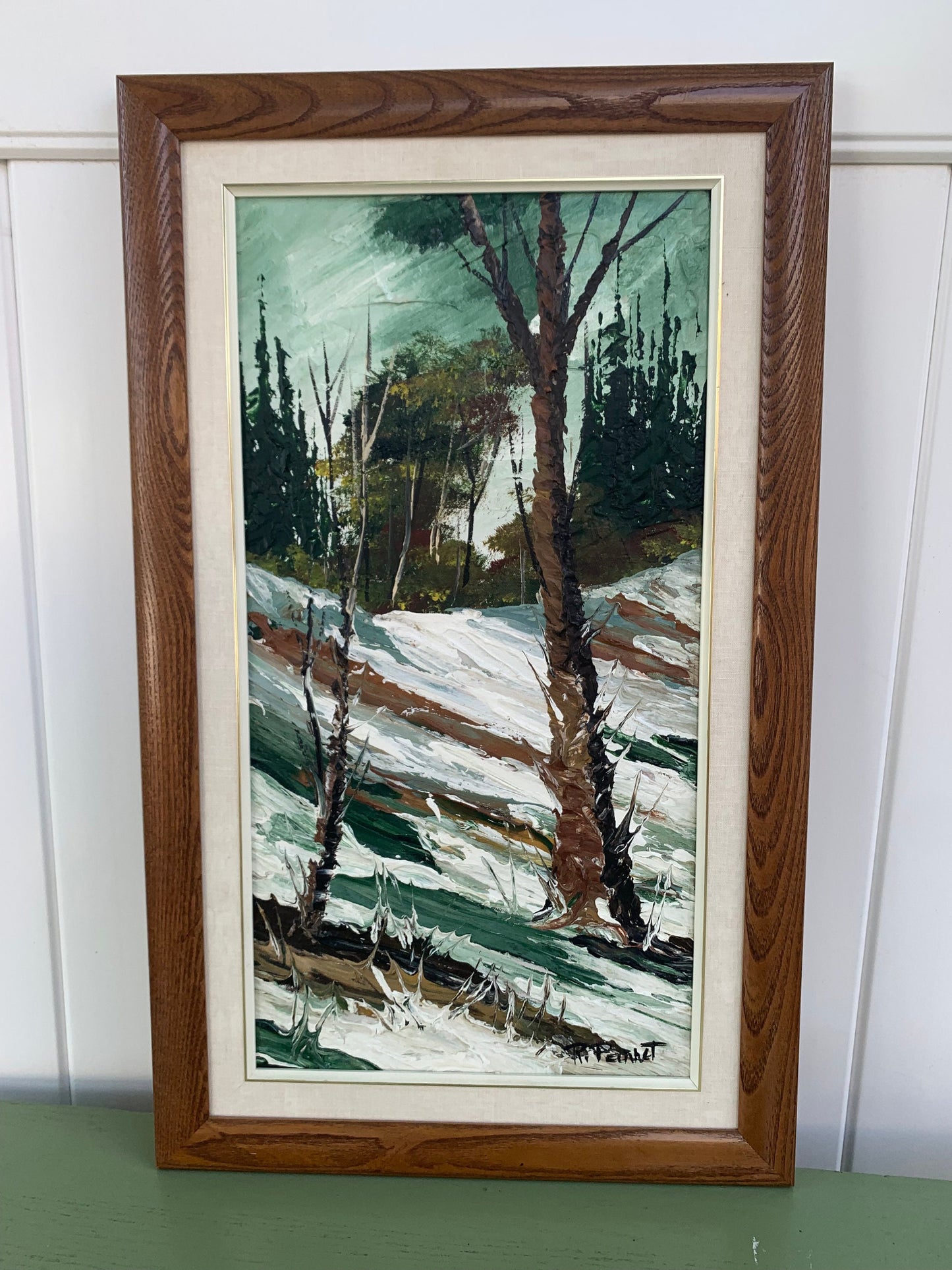 Tall Vintage Landscape Oil Painting Wood Frame