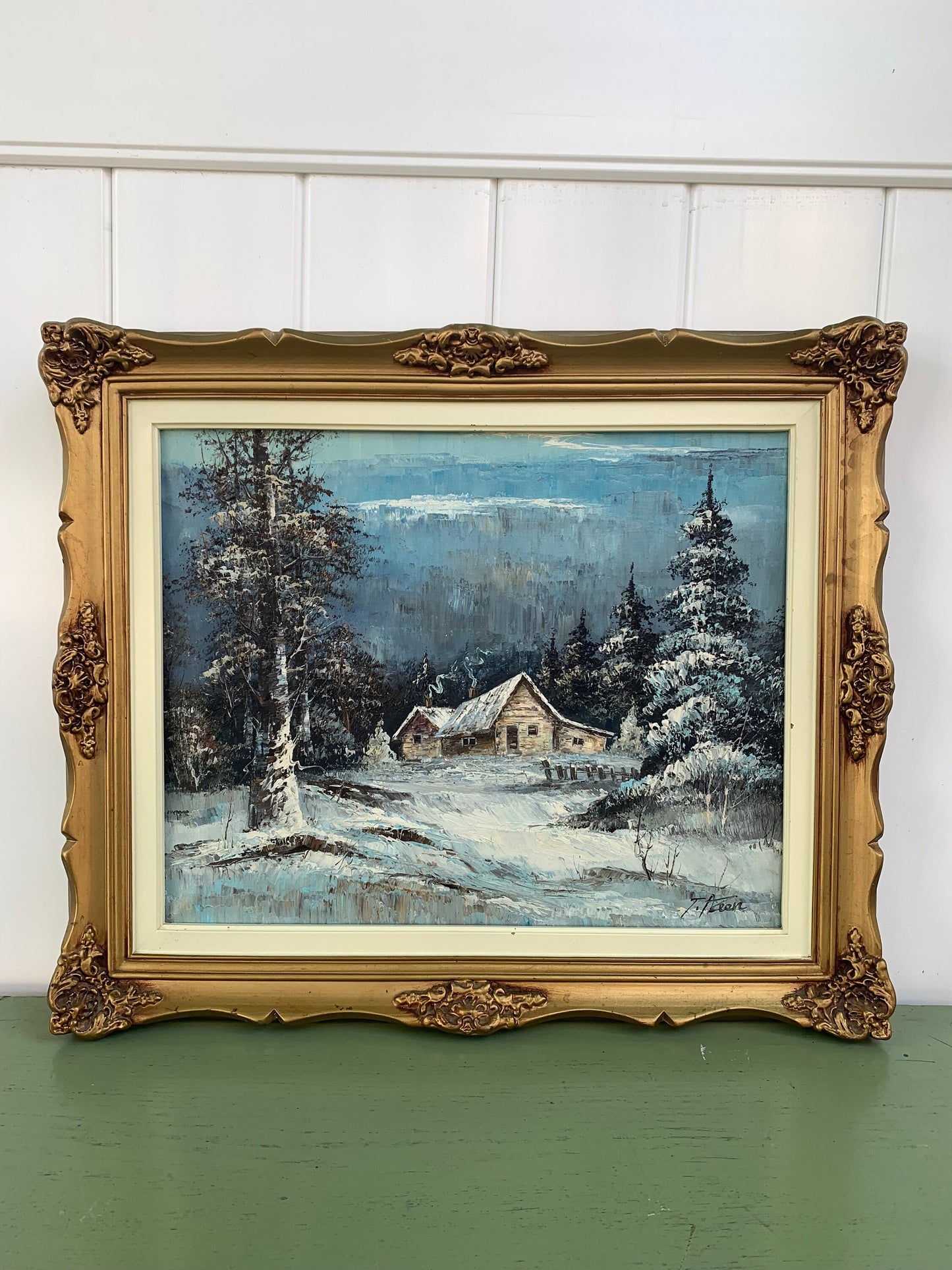 Large Vintage Winter Scape Painting in Gold Solid Wood Frame