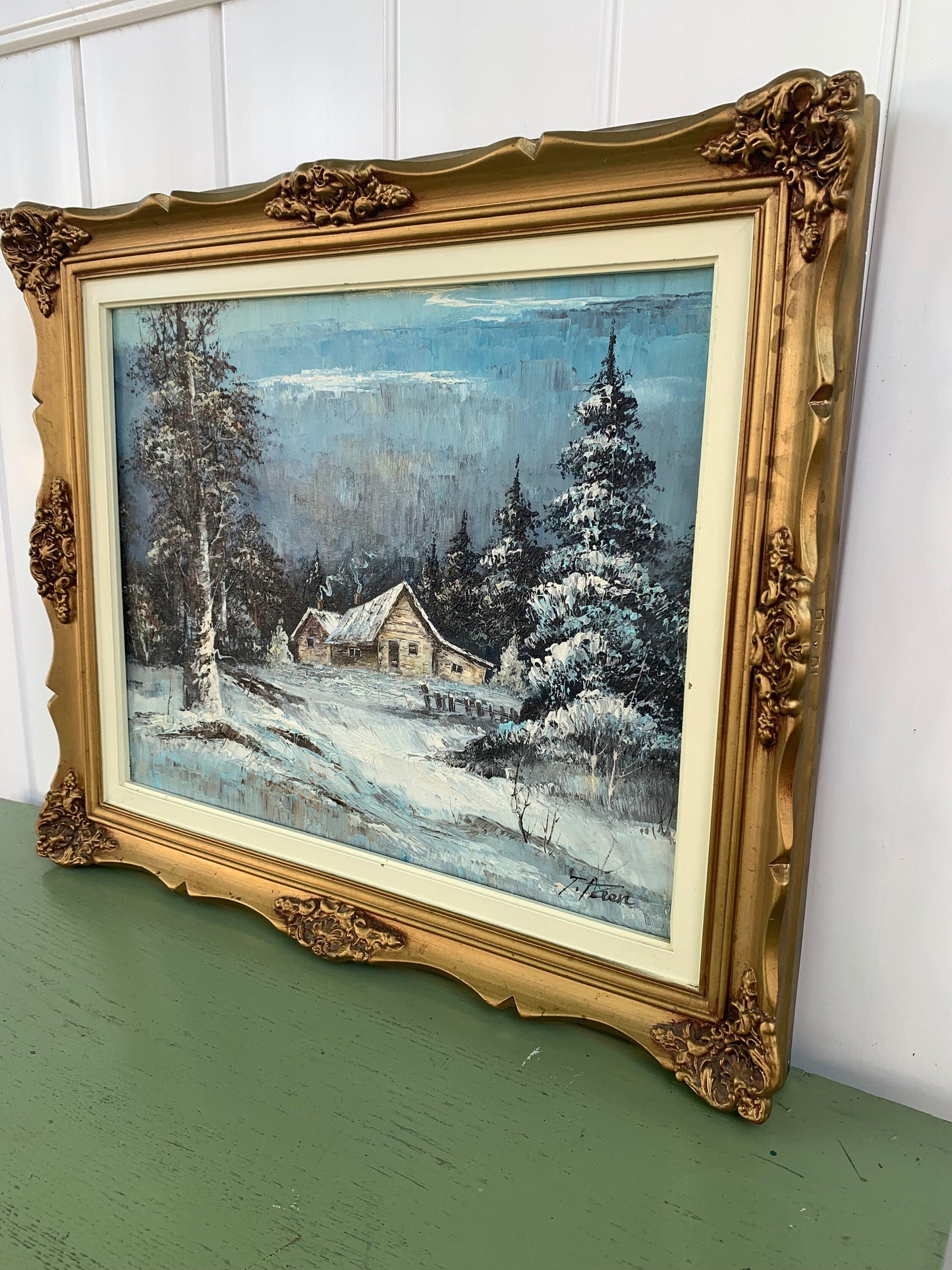 Large Vintage Winter Scape Painting in Gold Solid Wood Frame