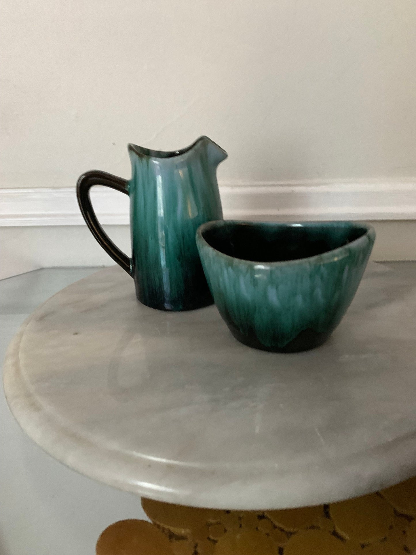 MCM Green Drip Glaze Pottery Cream & Sugar