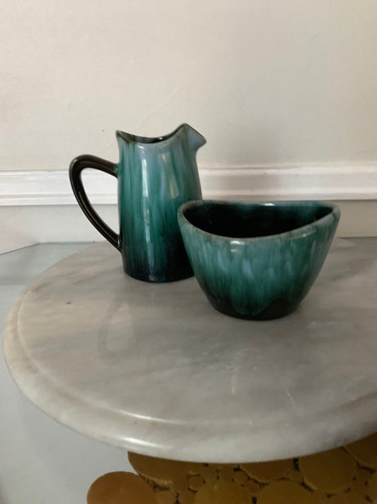 MCM Green Drip Glaze Pottery Cream & Sugar