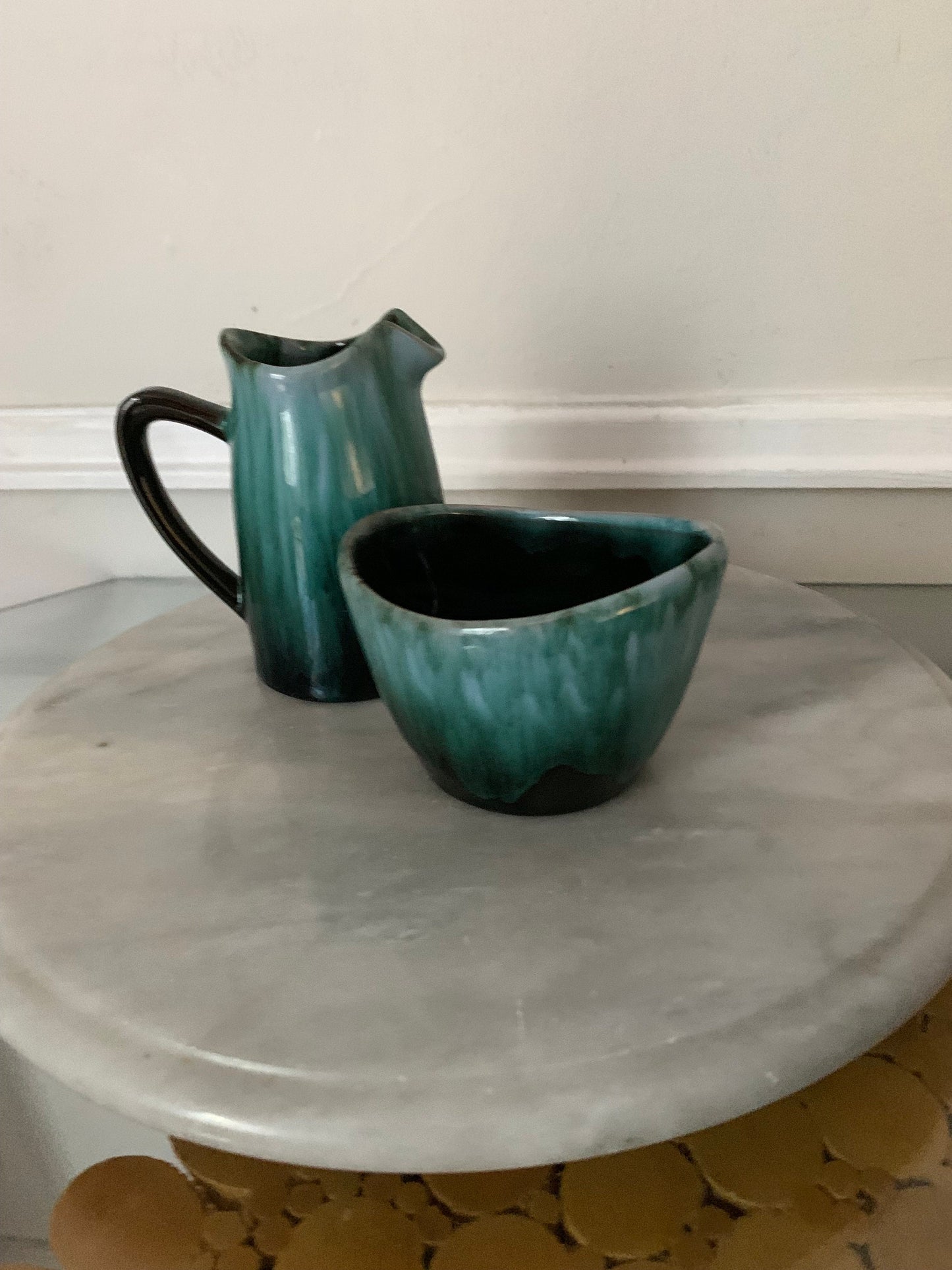 MCM Green Drip Glaze Pottery Cream & Sugar