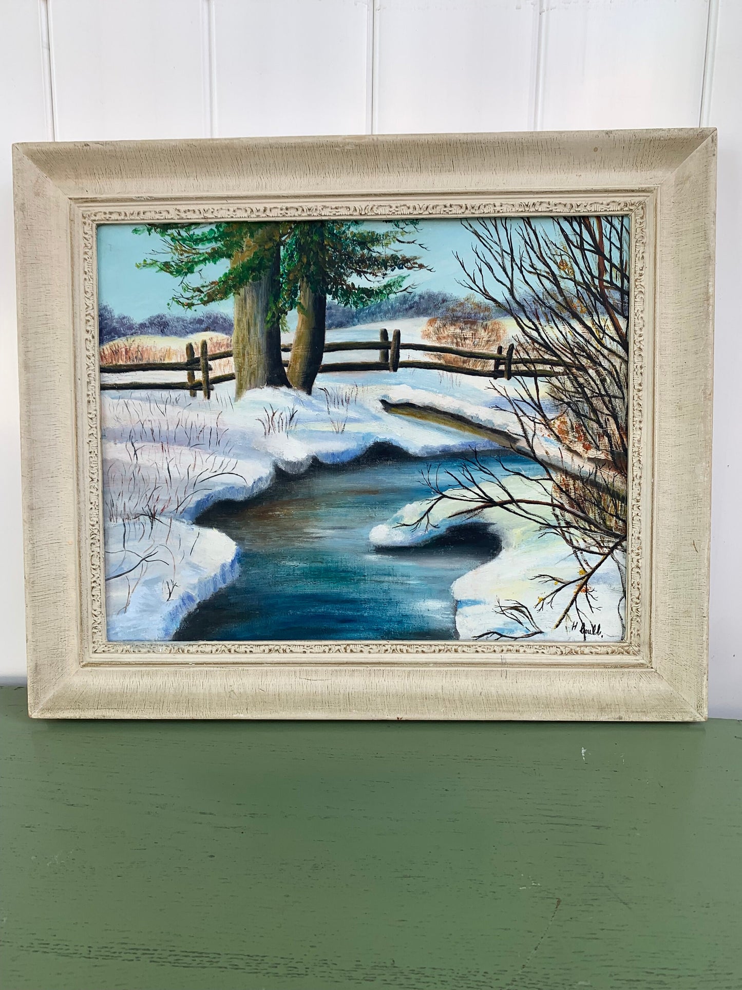 Large Vintage Winter Scape Painting in White Wood Frame