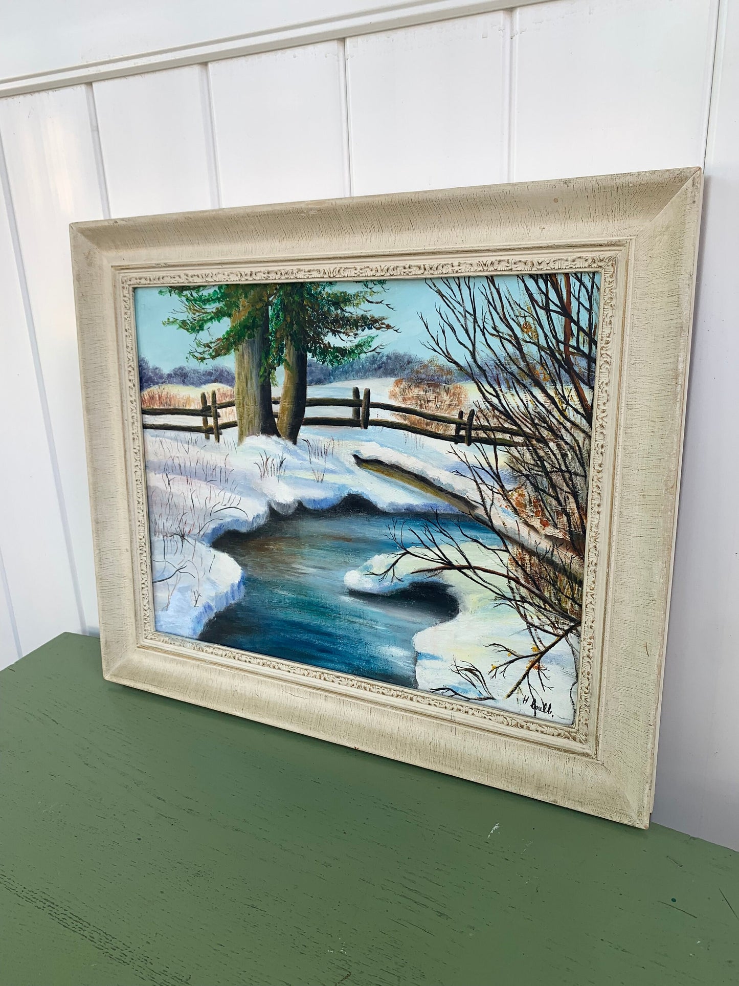 Large Vintage Winter Scape Painting in White Wood Frame