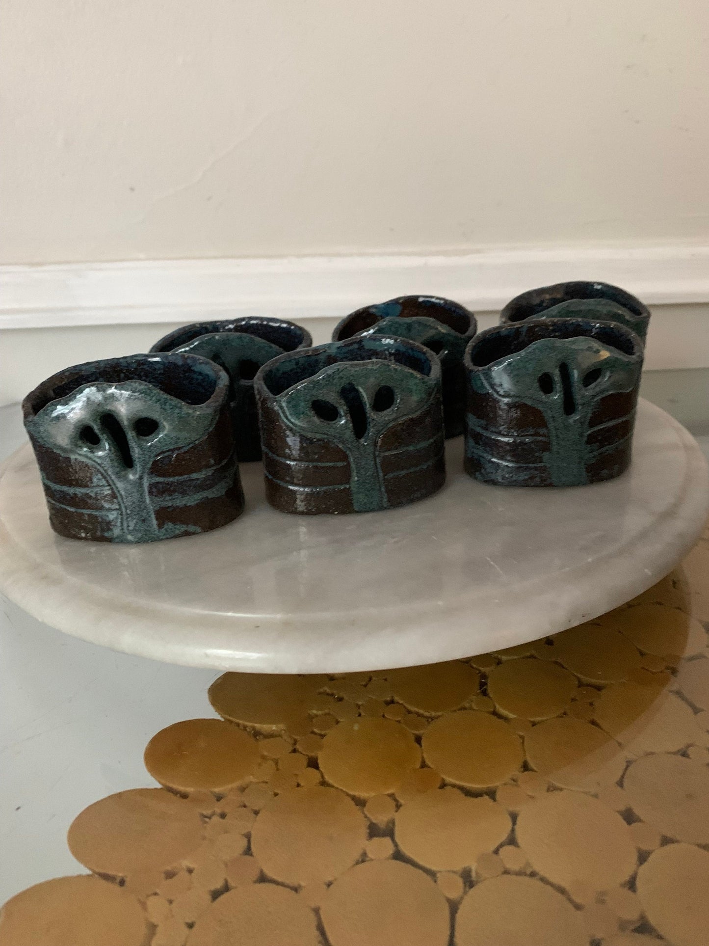 Set of 6 Handmade Dark Green Tree Pottery Napkin Rings