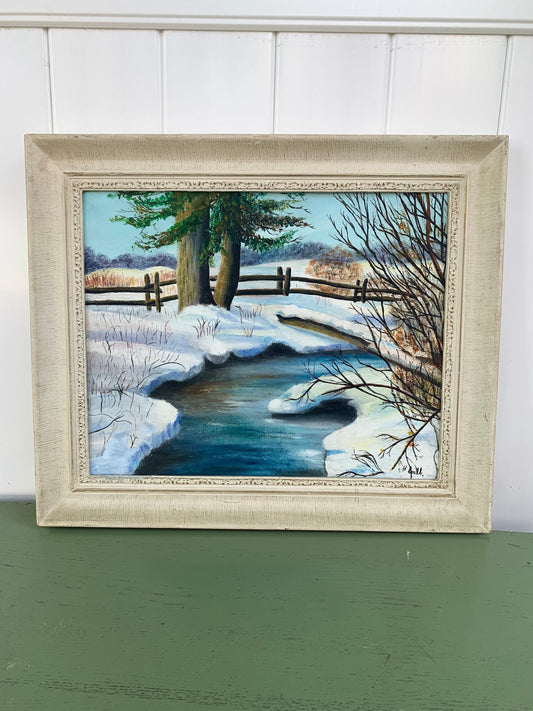 Large Vintage Winter Scape Painting in White Wood Frame