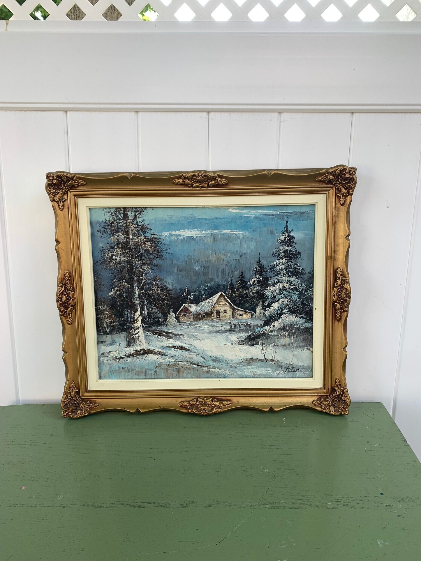 Large Vintage Winter Scape Painting in Gold Solid Wood Frame