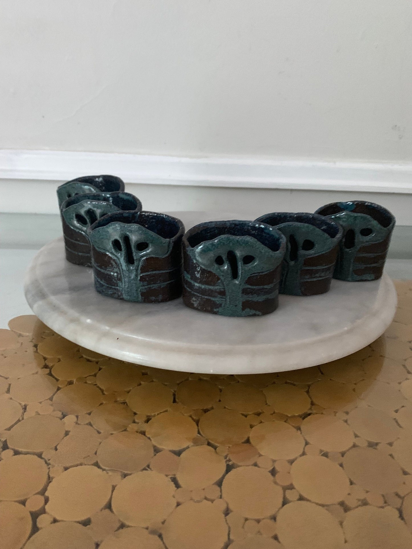 Set of 6 Handmade Dark Green Tree Pottery Napkin Rings