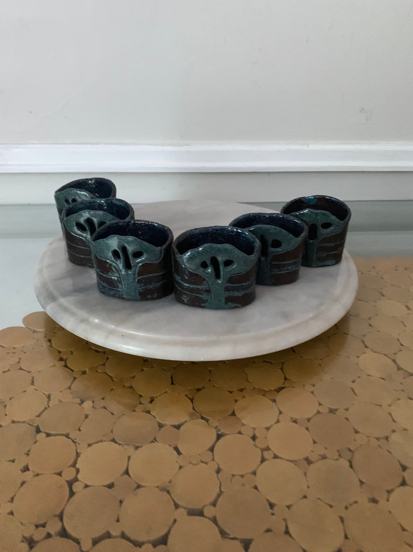 Set of 6 Handmade Dark Green Tree Pottery Napkin Rings