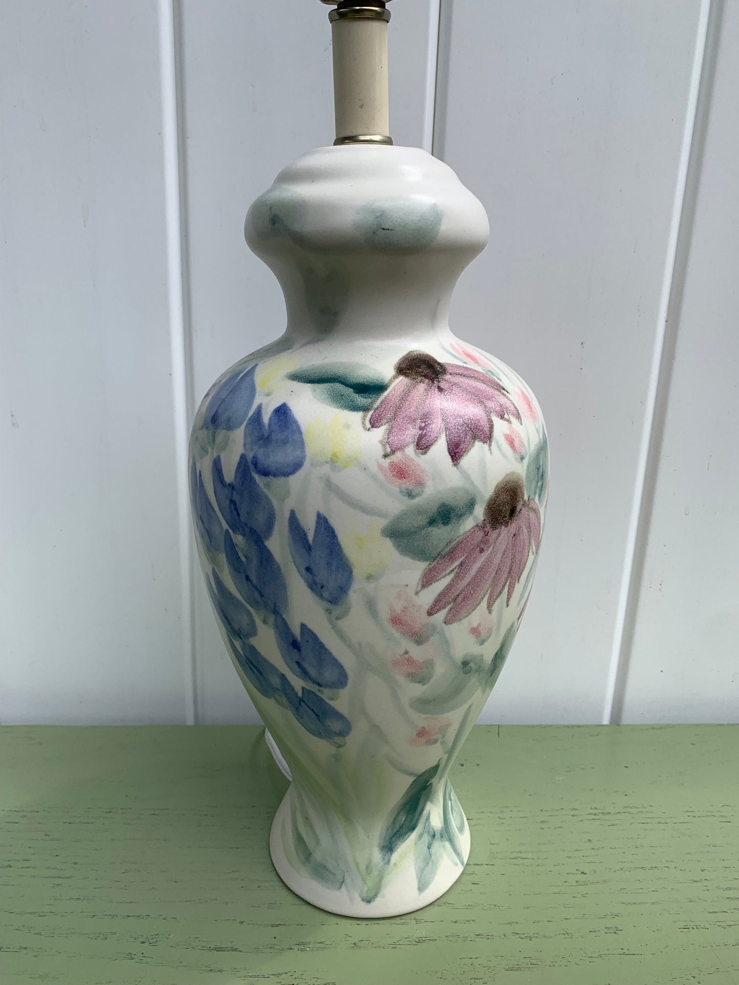 Tall Vintage Cream Pottery Lamp with Hand  Painted Flowers No Shade