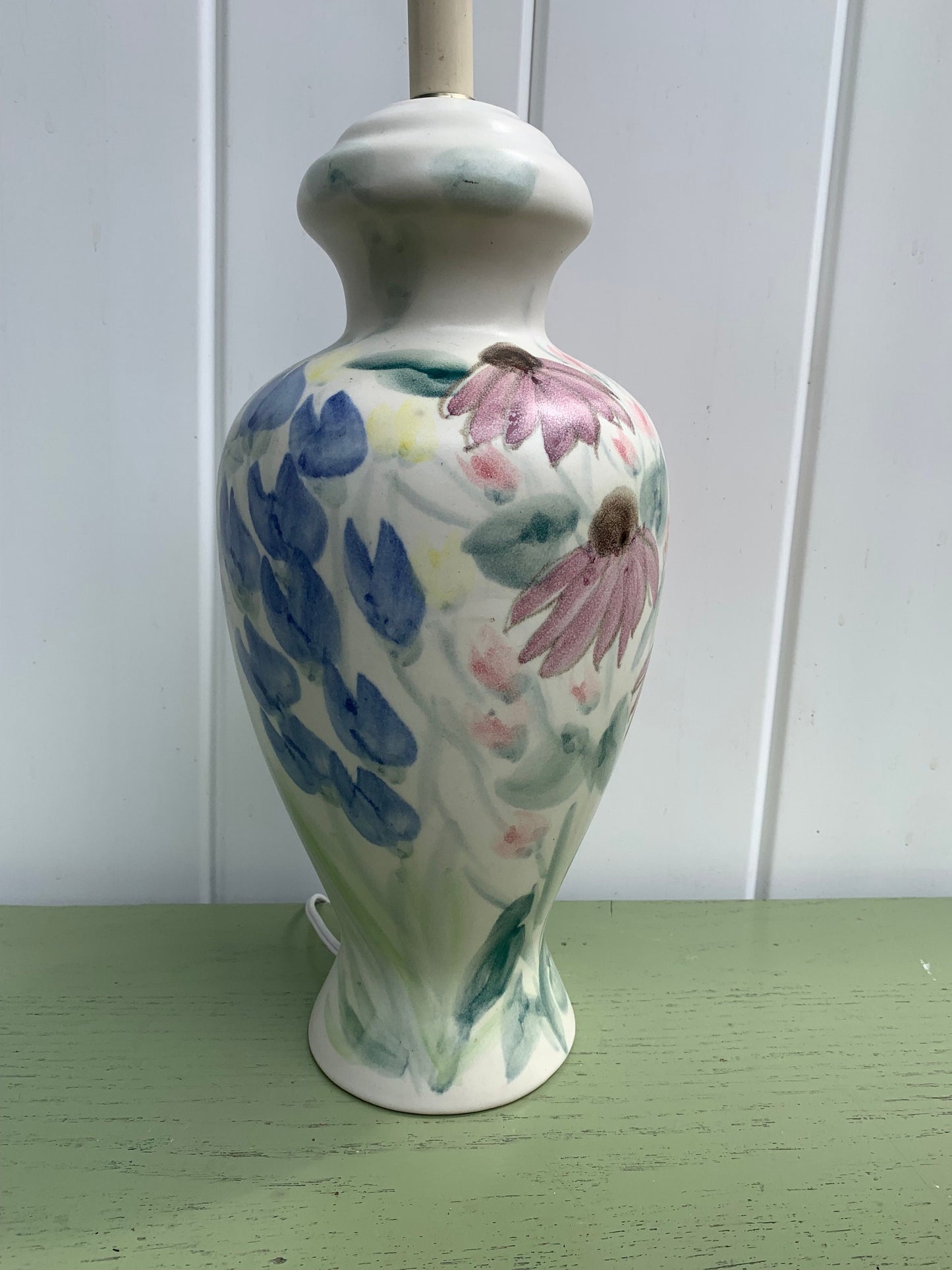 Tall Vintage Cream Pottery Lamp with Hand  Painted Flowers No Shade