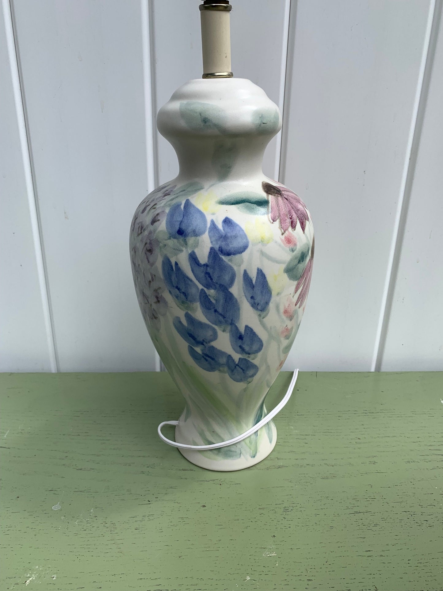 Tall Vintage Cream Pottery Lamp with Hand  Painted Flowers No Shade