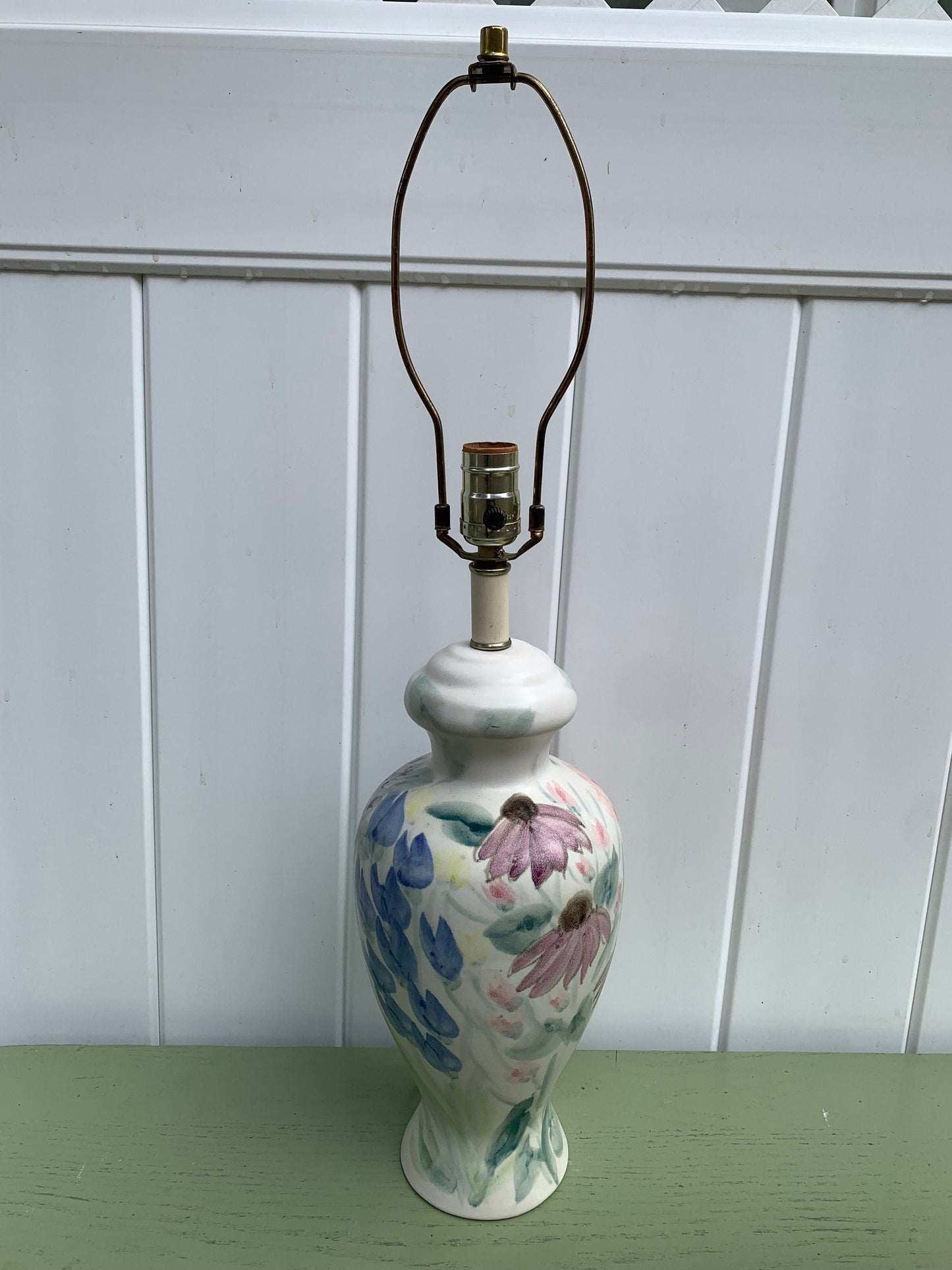 Tall Vintage Cream Pottery Lamp with Hand  Painted Flowers No Shade