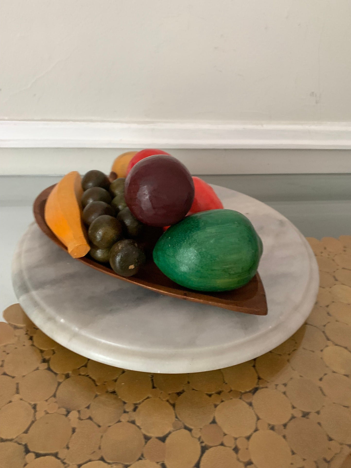 Retro Set of 7 Colourful Carved Wooden Fruit on Wood Plate