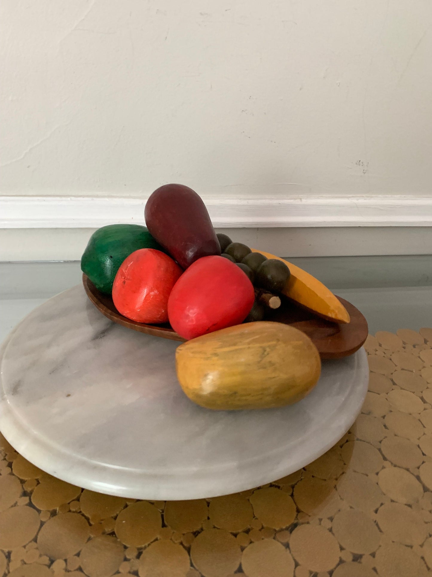 Retro Set of 7 Colourful Carved Wooden Fruit on Wood Plate