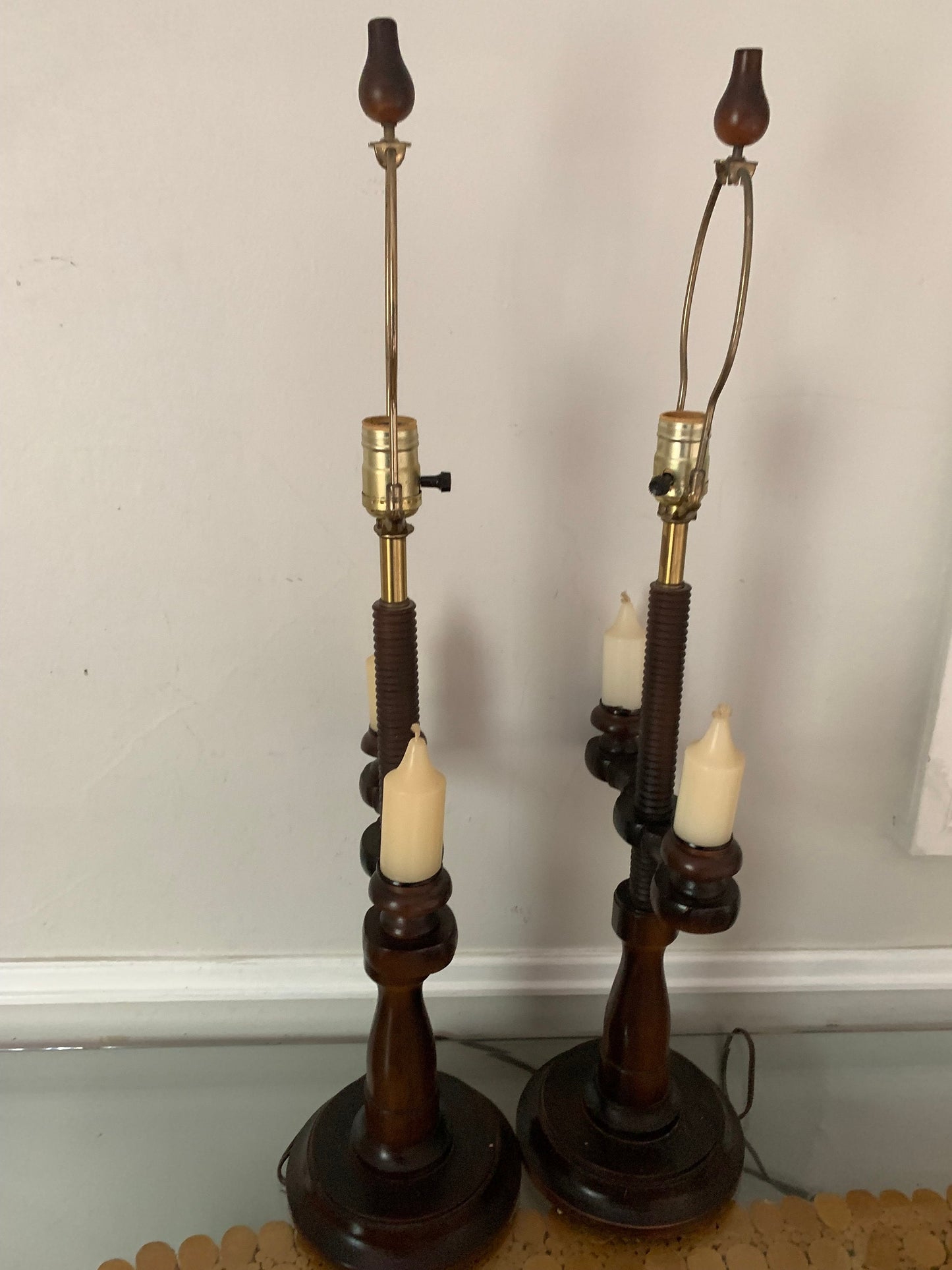 MCM Pair of Tall Dark Wood Lamps No Shades