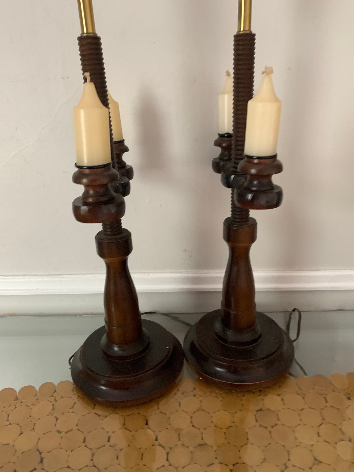 MCM Pair of Tall Dark Wood Lamps No Shades