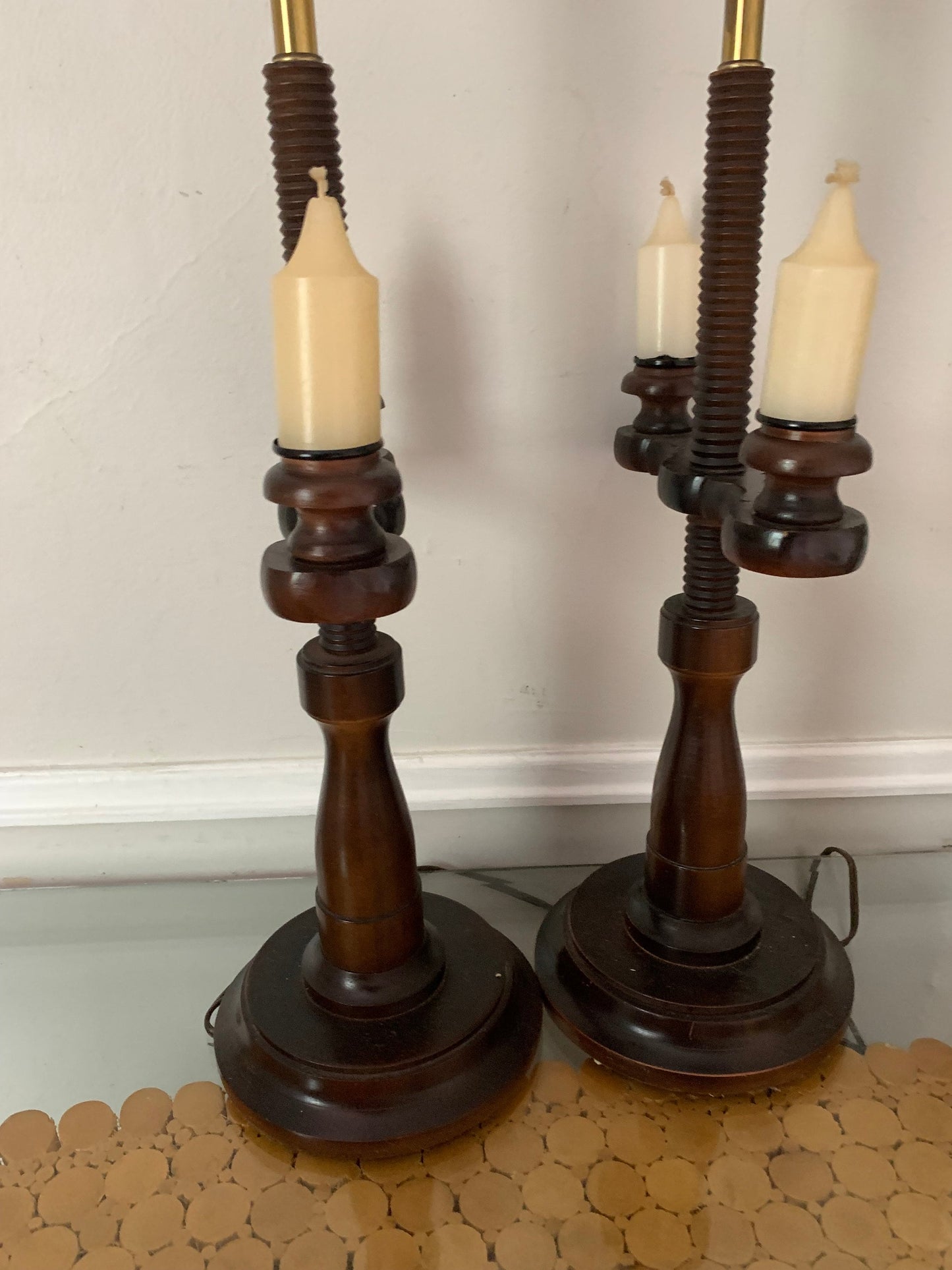 MCM Pair of Tall Dark Wood Lamps No Shades